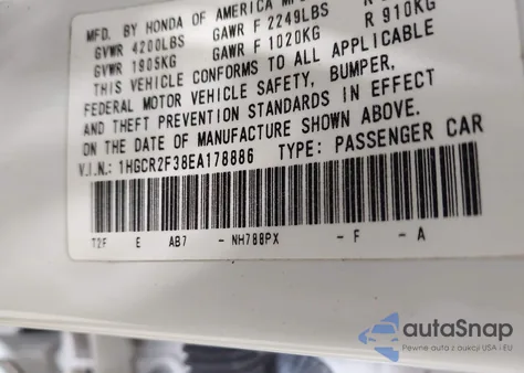 2014 Honda Accord Lx from USA, damaged, VIN 1HGCR2F38EA178886